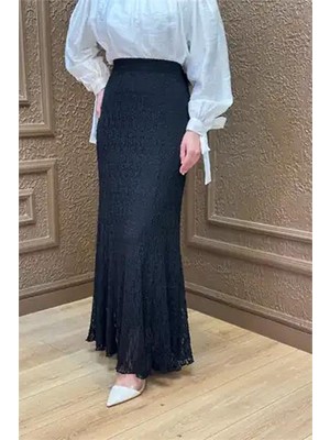Neşeli Butik Kadın Siyah Dantel Kumaş Maxi Boy Tesettür Etek