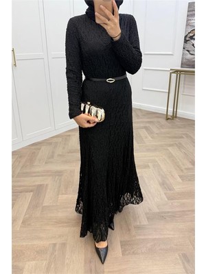 Neşeli Butik Kadın Siyah Dantel Kumaş Maxi Boy Tesettür Elbise