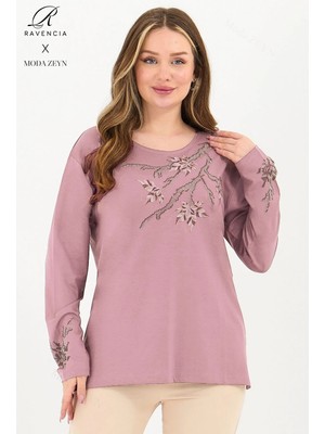 Kadın Orta Yaş ve Üzeri Viskon Renkli Yaprak Desenli Taşlı Işlemeli Likralı Pembe Anne Penye Bluz