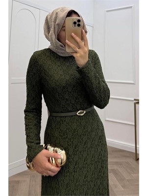 Neşeli Butik Kadın Yeşil Dantel Kumaş Maxi Boy Tesettür Elbise