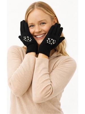 Neşeli Butik Kadın Siyah Taş Işlemeli Triko Kar Eldiveni NBAKS028