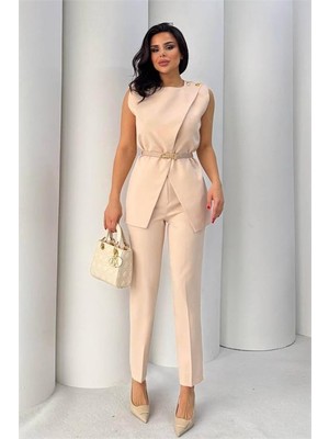 Neşeli Butik Kadın Bej Kemer Detaylı Yelek Pantolon Ikili Takım NBSTR4061