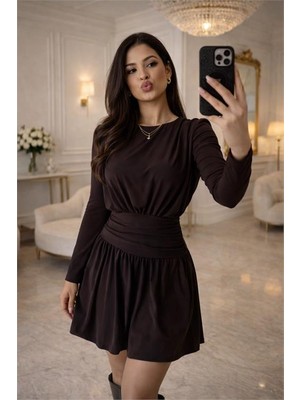 Neşeli Butik Kadın Kahverengi Sandy Kumaş Vatka ve Drape Detaylı Mini Boy Elbise NBDKS1404