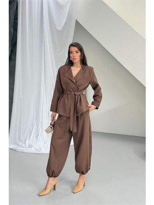 Neşeli Butik Kadın Kahverengi Kuşak Detaylı Oversize Şalvar Pantolon Blazer Ceket Takım NBNP023