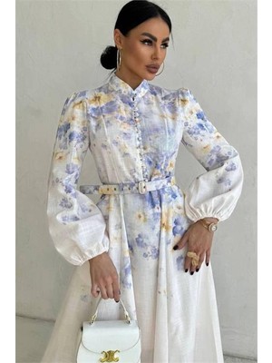 Neşeli Butik Kadın Ekru Ithal Kumaş Düğmeli Tasarım Elbise NBEMP2886