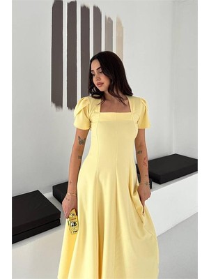 Neşeli Butik Kadın Sarı Kare Yaka Balon Kol Midi Boy Elbise NBK4550