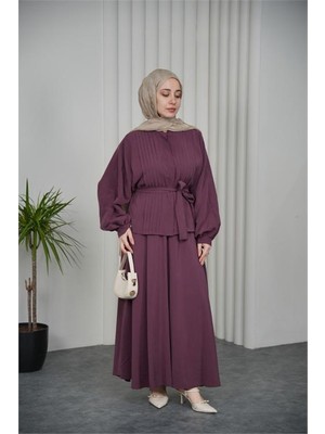 Neşeli Butik Kadın Bordo Piliseli Kuşak Detaylı Ikili Tesettür Takım NBVQ3137