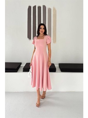 Neşeli Butik Kadın Pembe Kare Yaka Balon Kol Midi Boy Elbise NBK4550