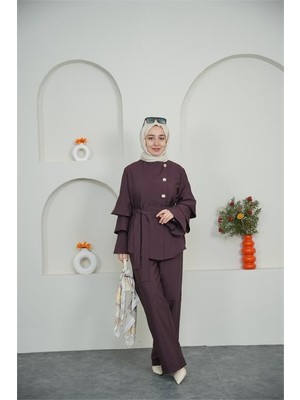 Neşeli Butik Kadın Bordo Kol Katmanlı Gold Düğme Detaylı Tesettür Takım NBVQ3139