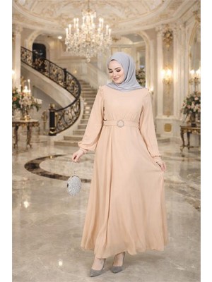 Neşeli Butik Kadın Bej Tül Kumaş Kemer Detaylı Büyük Beden Tesettür Elbise NBFT006