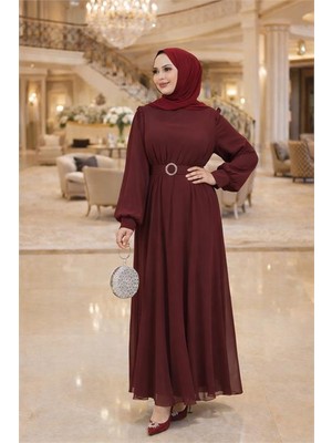 Neşeli Butik Kadın Bordo Tül Kumaş Kemer Detaylı Büyük Beden Tesettür Elbise NBFT006
