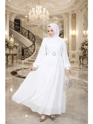 Neşeli Butik Kadın Beyaz Tül Kumaş Kemer Detaylı Büyük Beden Tesettür Elbise NBFT006