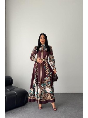 Neşeli Butik Kadın Kahverengi Hakim Yaka Çiçek Desenli Maxi Boy Tasarım Elbise NBMS2653