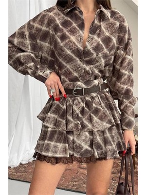 Neşeli Butik Kadın Kahverengi Gömlek Yaka Kat Kat Ekose Desen Mini Elbise NBNP025