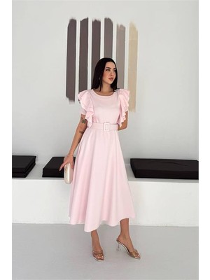 Neşeli Butik Kadın Pembe Kemer Detaylı Kol Fırfırlı Midi Boy Elbise NBK4559