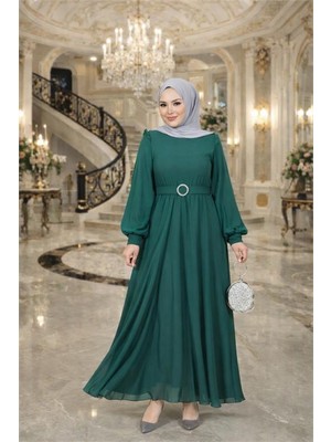 Neşeli Butik Kadın Zümrüt Yeşil Tül Kumaş Kemer Detaylı Büyük Beden Tesettür Elbise NBFT006