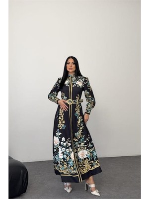 Neşeli Butik Kadın Siyah Hakim Yaka Çiçek Desenli Maxi Boy Tasarım Elbise NBMS2653