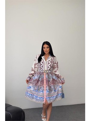 Neşeli Butik Kadın Mavi Kemer Detaylı Mini Boy Tasarım Elbise NBMS25111