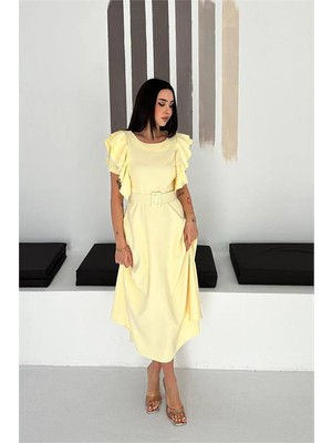 Neşeli Butik Kadın Sarı Kemer Detaylı Kol Fırfırlı Midi Boy Elbise NBK4559