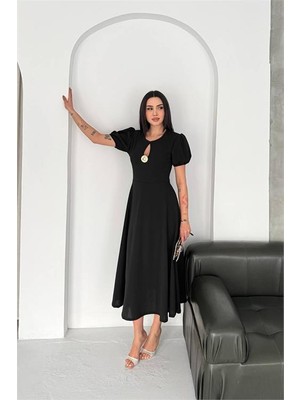 Neşeli Butik Kadın Siyah Balon Kol Gold Broş Detaylı Midi Boy Elbise NBK4563
