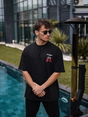 MiraLive Miray- Unisex Bisiklet Yaka Baskılı Oversize T-Shirt - Siyah