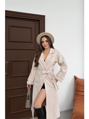 Neşeli Butik Kadın Bej Kuşaklı Reglan Kol Düğmeli Premium Kaşe Kaban NBKBN01