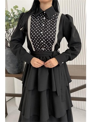 Neşeli Butik Kadın Siyah Gömlek Yaka Dantel Detaylı Kat Kat Tasarım Elbise