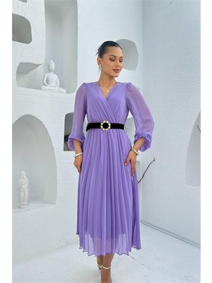 Neşeli Butik Kadın Lila Kruvaze Yaka Kemer Detaylı Piliseli Midi Elbise