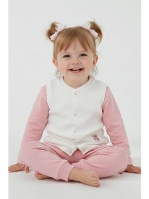 Breeze Kız Bebek Yelek Çıtçıtlı Balonlu Sevimli Ayıcık Armalı 4 Ay-4 Yaş, Ekru