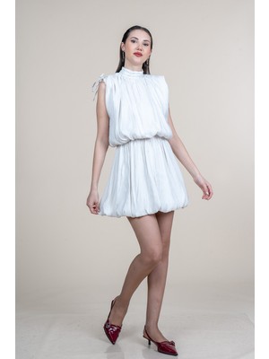 MissVina Dik Yaka Beli Lastikli Omuzları Büzgü Detaylı Desenli Floş 50364