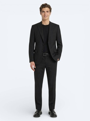 Siyah Düz Modern Fit Yün Karışımlı Takım Elbise