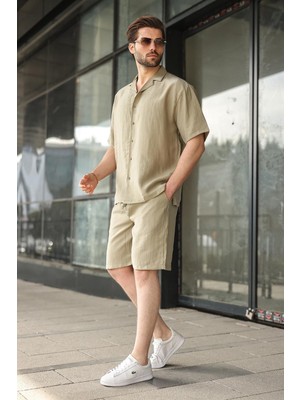 Madmext Mint Yeşili Tensel Kumaş Erkek Şort Gömlek Takım E7352