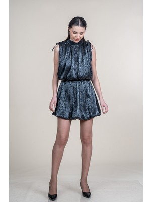 MissVina Dik Yaka Beli Lastikli Omuzları Büzgü Detaylı Desenli Floş 50364