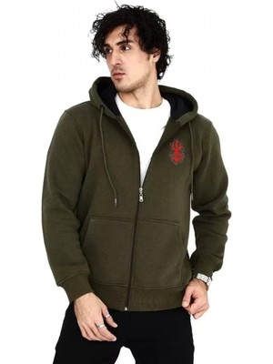 MiraLive Miray- Unisex Baskılı Tam Fermuarlı Kapşonlu Sweatshirt - Haki