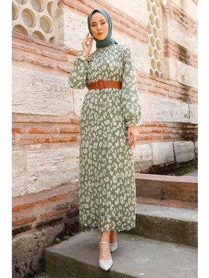 inStyle Kemerli Piliseli 2015 Şifon Elbise - Haki