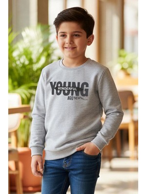 Breeze Erkek Çocuk Sweatshirt Yazı Baskılı 8-14 Yaş, Açık Gri Melanj