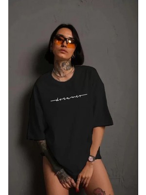 MiraLive Miray- Unisex Bisiklet Yaka Baskılı T-Shirt - Siyah