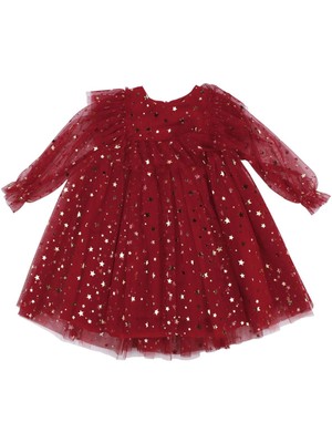 by BebekOdam Kız Çocuk Kırmızı Gold Yıldız Desenli Tüllü Elbise - 1016709