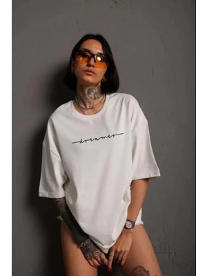 MiraLive Miray- Unisex Bisiklet Yaka Baskılı T-Shirt - Beyaz