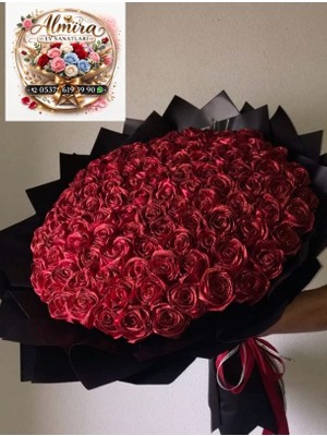 Solmayan Gül Buketi Kırmızı 100 Adet Simli Buket