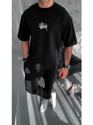 MiraLive Miray- Unisex Bisiklet Yaka Baskılı Oversize T-Shirt - Siyah