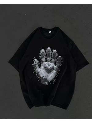 MiraLive Miray- Unisex Bisiklet Yaka Baskılı Oversize T-Shirt - Siyah