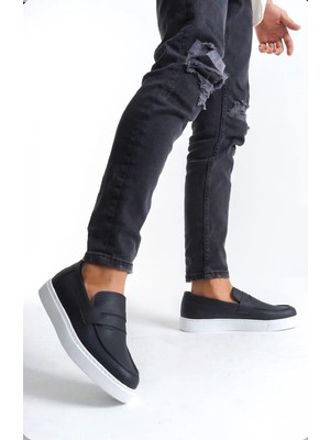 Ebrus Trend ET0580 Bağcıksız Kuşaklı Yüksek Siyah Beyaz Taban Erkek Ayakkabı