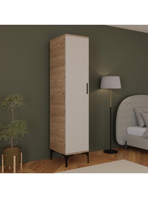 Bimossa K7020 Loft Sepet Gövde-Kumtaşı Tek Kapaklı Gardırop, 5 Raflı Elbise Dolabı, Metal Ayaklı Gardırop