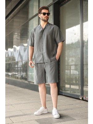 Madmext Füme Tensel Kumaş Erkek Şort Gömlek Takım E7352