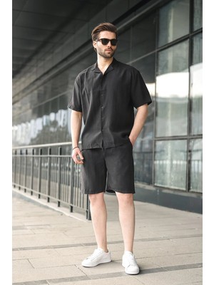 Madmext Siyah Tensel Kumaş Erkek Şort Gömlek Takım E7352