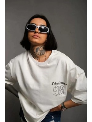 MiraLive Miray- Unisex Bisiklet Yaka Baskılı Oversize T-Shirt - Beyaz