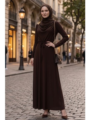 İlkimay.com Şal Bağlamalı Elbise 1691 - Kahve