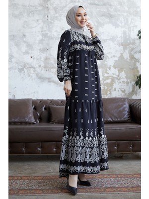 inStyle Selva Önü Püsküllü Desenli Siyah Viskon Elbise