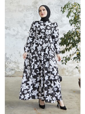 inStyle Büyük Akasya Desen Kuşaklı Elbise - Siyah